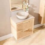 Wandhängendes Badezimmermöbel 70 cm aus Natureiche mit zwei Schubladen und beige Kalksteinwaschtisch (hochwertig)