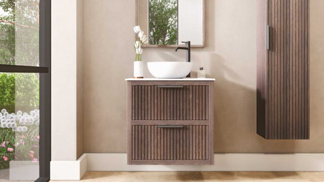 Wandhängendes Badezimmermöbel 70 cm aus dunkler Eiche mit zwei Schubladen und weißes Solid-Surface-Aufsatzbecken (Naturholz)
