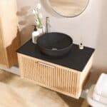 Wandhängendes Badezimmermöbel 80 cm aus Natureiche mit eine Schublade und schwarze Kalksteinplatte