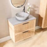 Wandhängendes Badezimmermöbel 80 cm aus Natureiche mit zwei Schubladen und graue Kalksteinplatte