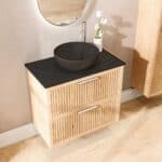 Wandhängendes Badezimmermöbel 80 cm aus Natureiche mit zwei Schubladen und schwarze Kalksteinplatte