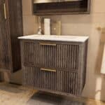 Wandhängendes Badezimmermöbel 80 cm aus dunkler Eiche mit zwei Schubladen und matt-weißer Mineralguss-Waschtisch (schick)