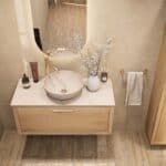 Wandhängendes Badezimmermöbel 100 cm aus Natureiche mit eine Schublade und beige Kalksteinwaschtisch (hochwertig)