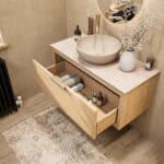 Wandhängendes Badezimmermöbel 100 cm aus Natureiche mit eine Schublade und beige Kalksteinwaschtisch (hochwertig)