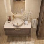 Wandhängendes Badezimmermöbel 100 cm aus dunkler Eiche mit eine Schublade und beige Kalksteinwaschtisch (Massivholz)