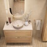 Wandhängendes Badezimmermöbel 100 cm aus Natureiche mit zwei Schubladen und beige Kalksteinwaschtisch