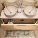 Wandhängendes Badezimmermöbel 120 cm aus Natureiche mit eine Schublade und beige Kalksteinwaschtisch (trendy)