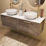 Wandhängendes Badezimmermöbel 140 cm aus dunkler Eiche mit eine Schublade und weißes Solid-Surface-Aufsatzbecken (elegant)