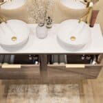 Wandhängendes Badezimmermöbel 140 cm aus dunkler Eiche mit eine Schublade und weißes Solid-Surface-Aufsatzbecken (elegant)