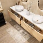 Wandhängendes Badezimmermöbel 200 cm aus Natureiche mit eine Schublade und weißes Solid-Surface-Aufsatzbecken