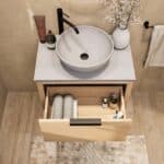 Wandhängendes Badezimmermöbel 70 cm aus Natureiche mit eine Schublade und graue Kalksteinplatte (trendy)