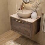 Wandhängendes Badezimmermöbel 70 cm aus dunkler Eiche mit eine Schublade und beige Kalksteinwaschtisch (stilvoll)