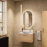 Wandhängendes Badezimmermöbel 70 cm aus Natureiche mit eine Schublade und weißes Solid-Surface-Aufsatzbecken (elegant)