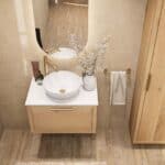 Wandhängendes Badezimmermöbel 70 cm aus Natureiche mit eine Schublade und weißes Solid-Surface-Aufsatzbecken (elegant)