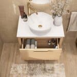 Wandhängendes Badezimmermöbel 70 cm aus Natureiche mit eine Schublade und weißes Solid-Surface-Aufsatzbecken (elegant)