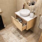 Wandhängendes Badezimmermöbel 70 cm aus Natureiche mit eine Schublade und weißes Solid-Surface-Aufsatzbecken (elegant)