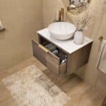 Wandhängendes Badezimmermöbel 70 cm aus dunkler Eiche mit eine Schublade und weißes Solid-Surface-Aufsatzbecken (wandhängend)