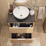 Wandhängendes Badezimmermöbel 70 cm aus Natureiche mit zwei Schubladen und Granitplatte (stilvoll)
