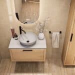 Wandhängendes Badezimmermöbel 80 cm aus Natureiche mit eine Schublade und graue Kalksteinplatte (elegant)