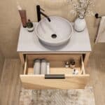 Wandhängendes Badezimmermöbel 80 cm aus Natureiche mit eine Schublade und graue Kalksteinplatte (elegant)