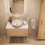 Wandhängendes Badezimmermöbel 80 cm aus Natureiche mit eine Schublade und beige Kalksteinwaschtisch (luxuriös)