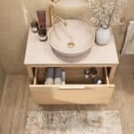 Wandhängendes Badezimmermöbel 80 cm aus Natureiche mit eine Schublade und beige Kalksteinwaschtisch (luxuriös)