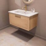 Modernes wandhängendes Badmöbel 80 cm aus Natureiche mit glatter Front und Keramikwaschtisch (schick)