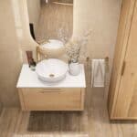 Wandhängendes Badezimmermöbel 80 cm aus Natureiche mit eine Schublade und weißes Solid-Surface-Aufsatzbecken