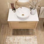 Wandhängendes Badezimmermöbel 80 cm aus Natureiche mit eine Schublade und weißes Solid-Surface-Aufsatzbecken