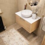 Wandhängendes Badezimmermöbel 80 cm aus Natureiche mit eine Schublade und weißes Solid-Surface-Aufsatzbecken