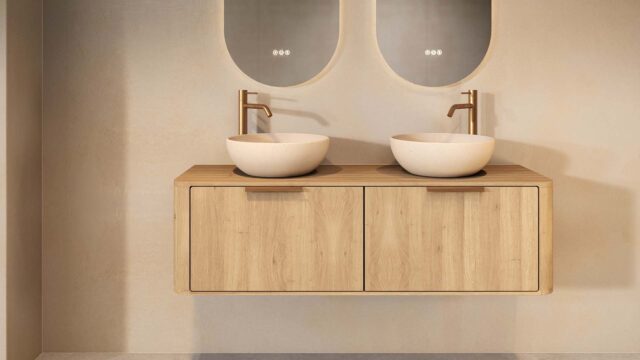 Rundes hängendes Badezimmermöbel 140 cm aus Natureiche mit glatter Front, Eichenholzplatte und beige Kalksteinbecken