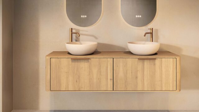 Rundes hängendes Badezimmermöbel 160 cm aus Natureiche mit glatter Front, Eichenholzplatte und beige Kalksteinbecken