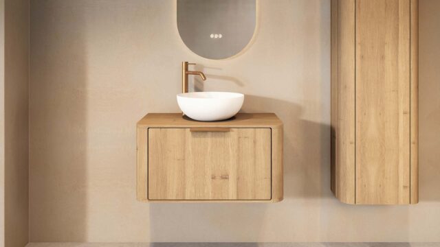 Rundes hängendes Badezimmermöbel 80 cm aus Natureiche mit glatter Front, Eichenholzplatte und weißes Solid-Surface-Aufsatzbec