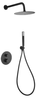Stilvolles thermostatisches Unterputz-Duschsystem in Mattschwarz, Kopfbrause Ø25 cm und separatem Handbrausenset. Wandanschluss. Erhältlich in 5 Farben und mit 5 Jahren Garantie.