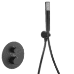 Stilvolles thermostatisches Unterputz-Duschsystem in Mattschwarz, Kopfbrause Ø25 cm und separatem Handbrausenset. Wandanschluss. Erhältlich in 5 Farben und mit 5 Jahren Garantie.