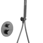 Luxuriöses thermostatisches Unterputz-Duschsystem in Black Gun Metal mit PVD-Beschichtung, Kopfbrause Ø25 cm und separatem Handbrausenset. Wandanschluss. Erhältlich in 5 Farben und mit 5 Jahren Garantie.