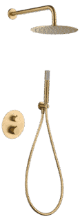 Thermostatisches Unterputz-Duschsystem in gebürstetem Gold mit PVD-Beschichtung, Kopfbrause Ø25 cm und separatem Handbrausenset. Wandanschluss. Erhältlich in 5 Farben und mit 5 Jahren Garantie.