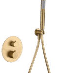 Thermostatisches Unterputz-Duschsystem in gebürstetem Gold mit PVD-Beschichtung, Kopfbrause Ø25 cm und separatem Handbrausenset. Wandanschluss. Erhältlich in 5 Farben und mit 5 Jahren Garantie.