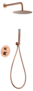 Stilvolles thermostatisches Unterputz-Duschsystem in gebürstetem Kupfer mit PVD-Beschichtung, Kopfbrause Ø25 cm und separatem Handbrausenset. Wandanschluss. Erhältlich in 5 Farben und mit 5 Jahren Garantie.