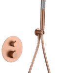 Stilvolles thermostatisches Unterputz-Duschsystem in gebürstetem Kupfer mit PVD-Beschichtung, Kopfbrause Ø25 cm und separatem Handbrausenset. Wandanschluss. Erhältlich in 5 Farben und mit 5 Jahren Garantie.