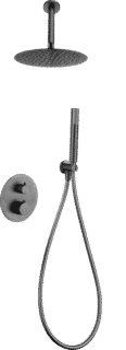 Luxuriöses thermostatisches Unterputz-Duschsystem in Black Gun Metal mit PVD-Beschichtung, Kopfbrause Ø25 cm und separatem Handbrausenset. Für Deckenmontage ausgeführt. Erhältlich in 5 Farben und mit 5 Jahren Garantie.
