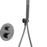 Luxuriöses thermostatisches Unterputz-Duschsystem in Black Gun Metal mit PVD-Beschichtung, Kopfbrause Ø25 cm und separatem Handbrausenset. Für Deckenmontage ausgeführt. Erhältlich in 5 Farben und mit 5 Jahren Garantie.