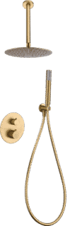 Thermostatisches Unterputz-Duschsystem in gebürstetem Gold mit PVD-Beschichtung, Kopfbrause Ø25 cm und separatem Handbrausenset. Für Deckenmontage ausgeführt. Erhältlich in 5 Farben und mit 5 Jahren Garantie.