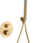 Thermostatisches Unterputz-Duschsystem in gebürstetem Gold mit PVD-Beschichtung, Kopfbrause Ø25 cm und separatem Handbrausenset. Für Deckenmontage ausgeführt. Erhältlich in 5 Farben und mit 5 Jahren Garantie.