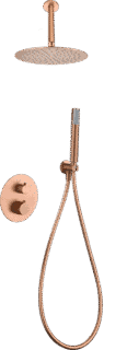 Stilvolles thermostatisches Unterputz-Duschsystem in gebürstetem Kupfer mit PVD-Beschichtung, Kopfbrause Ø25 cm und separatem Handbrausenset. Für Deckenmontage ausgeführt. Erhältlich in 5 Farben und mit 5 Jahren Garantie.