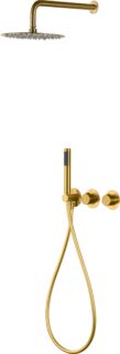 Thermostatisches Unterputz-Duschsystem in gebürstetem Gold mit PVD-Beschichtung, ausgestattet mit einer Kopfbrause von Ø25 cm und einer separaten Handbrause. Ausgeführt mit Wandanschluss. Erhältlich in 5 Farben und geliefert mit 5 Jahren Garantie.