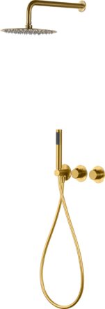 Thermostatisches Unterputz-Duschsystem in gebürstetem Gold mit PVD-Beschichtung, ausgestattet mit einer Kopfbrause von Ø25 cm und einer separaten Handbrause. Ausgeführt mit Wandanschluss. Erhältlich in 5 Farben und geliefert mit 5 Jahren Garantie.