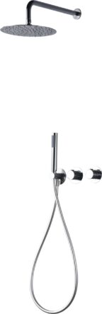Luxuriöses thermostatisches Unterputz-Duschsystem in Chrom mit einer großzügigen Kopfbrause von Ø25 cm und einer separaten Handbrause. Ausgeführt mit Wandanschluss. Erhältlich in 5 Farben und geliefert mit 5 Jahren Garantie.