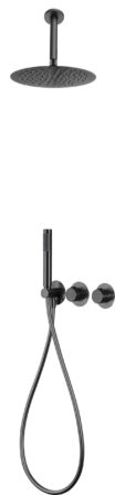 Luxuriöses thermostatisches Unterputz-Duschsystem in Black Gun Metal mit PVD-Beschichtung, einer Kopfbrause von Ø25 cm und einer separaten Handbrause. Ausgeführt mit Deckenmontage. Erhältlich in 5 Farben und geliefert mit 5 Jahren Garantie.