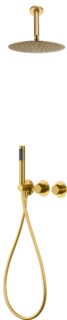 Thermostatisches Unterputz-Duschsystem in gebürstetem Gold mit PVD-Beschichtung, ausgestattet mit einer Kopfbrause von Ø25 cm und einer separaten Handbrause. Ausgeführt mit Deckenmontage. Erhältlich in 5 Farben und geliefert mit 5 Jahren Garantie.